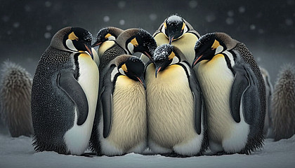 A group of penguins huddling together for warmth in the snow