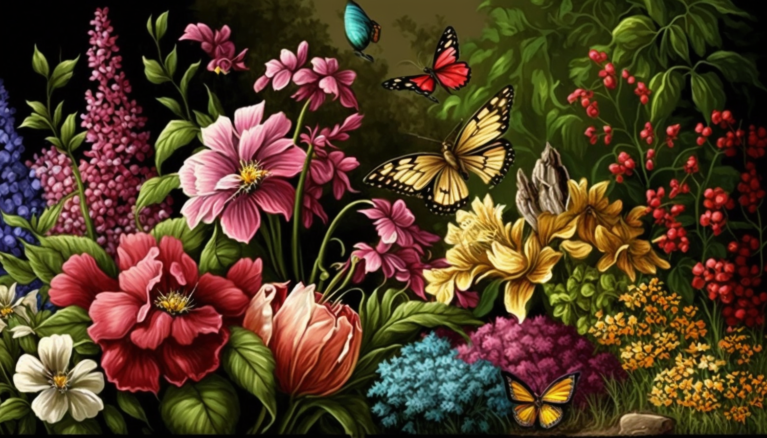 A vibrant garden with blooming flowers and butterflies