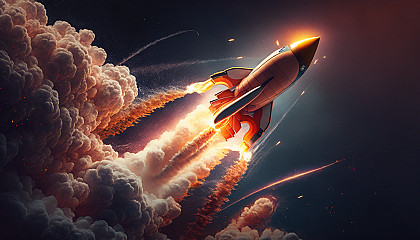 A rocket blasting off into space with a trail of flames and smoke behind it.