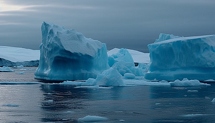 Frosty scenes of icebergs and glacial structures in polar regions.