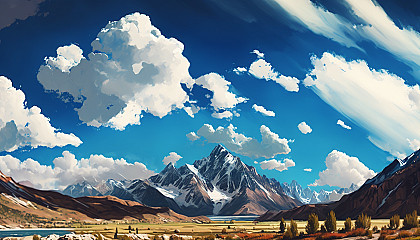 A painting of a mountain range in the summer with a bright blue sky and fluffy clouds.