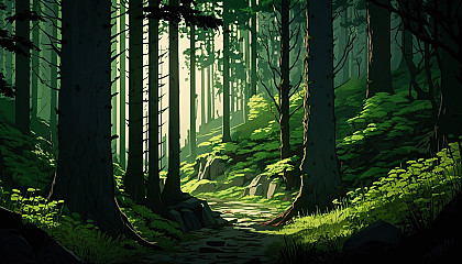 A dense forest with tall trees and green foliage.