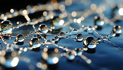 A close-up view of dewdrops on a spider web, refracting morning light.