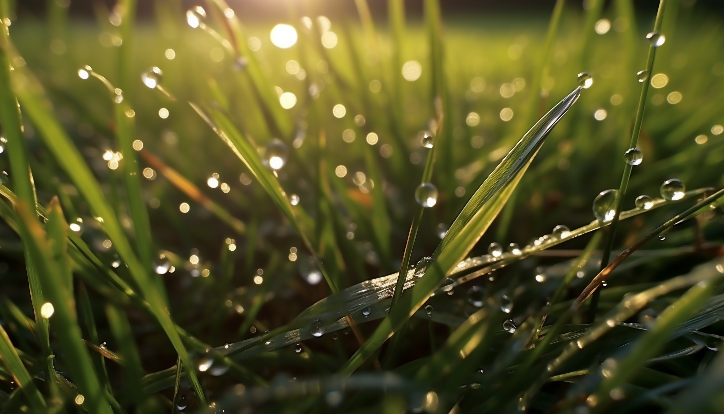 Dewdrops glittering on blades of grass in the morning light.