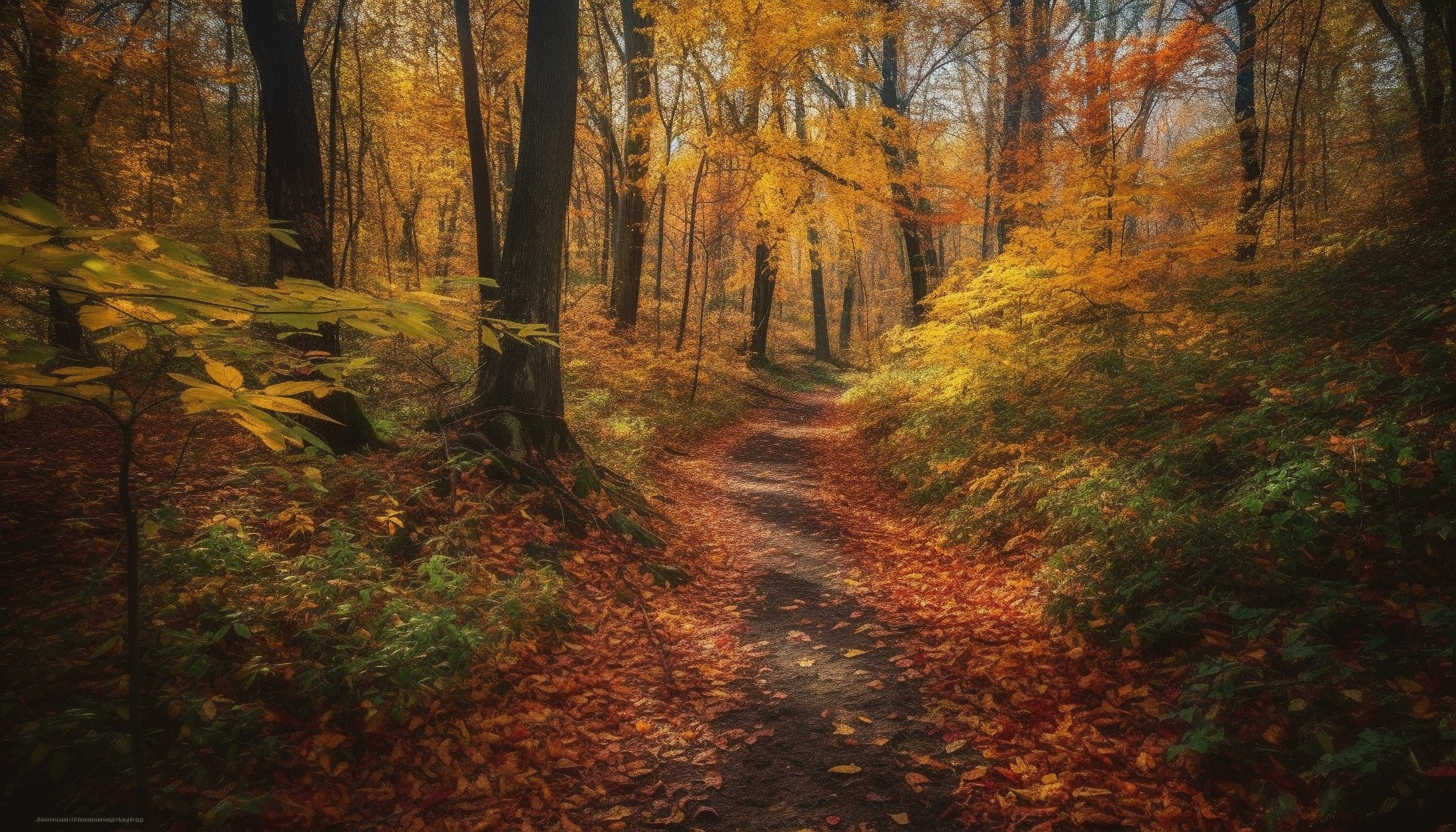 Colorful autumn foliage covering peaceful forest paths.