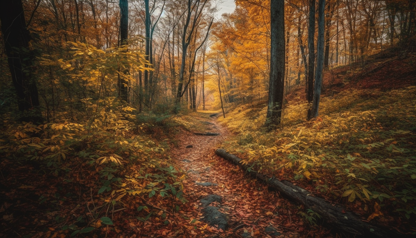 Colorful autumn foliage covering peaceful forest paths.