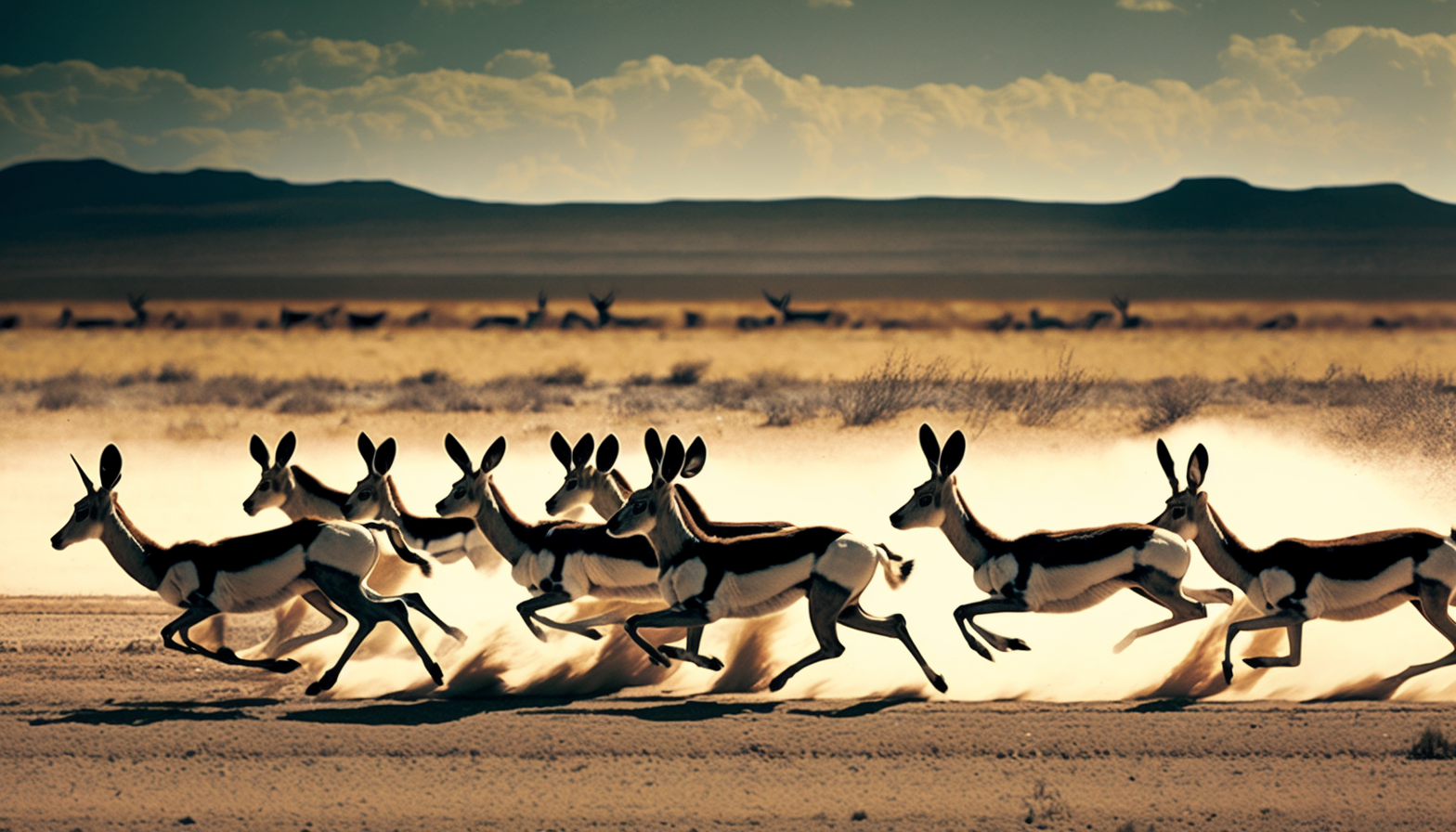 A herd of gazelles sprinting across an open plain