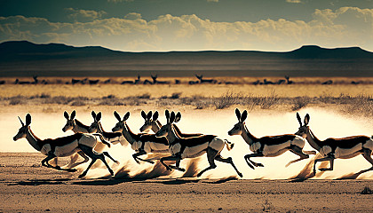 A herd of gazelles sprinting across an open plain