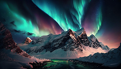 A glowing aurora borealis over a snow-covered mountain range.