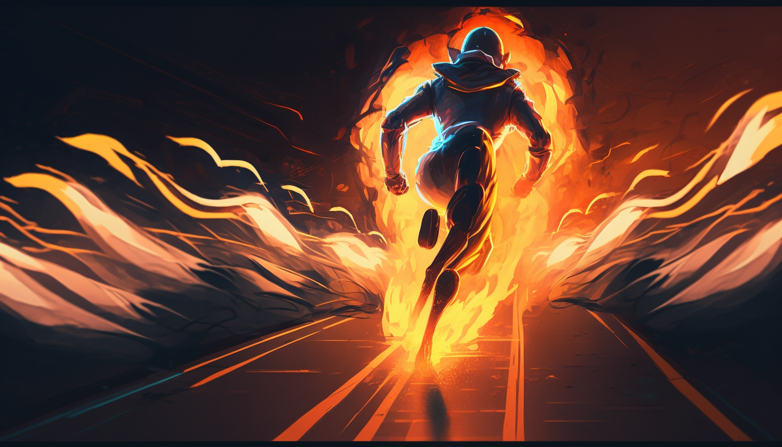 A sprinter racing down a track with a glowing aura of light surrounding them and a trail of flames behind them.