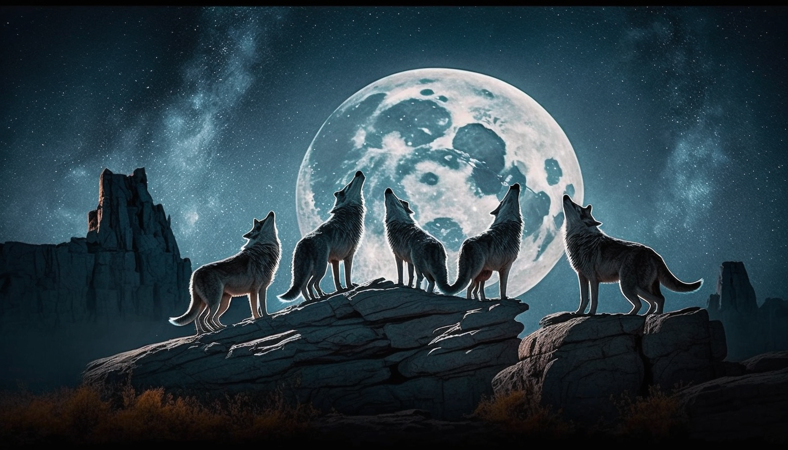 A pack of wolves howling at the moon