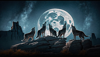 A pack of wolves howling at the moon