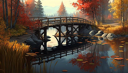 A tranquil river with a wooden bridge and autumn foliage.