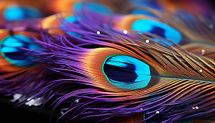 A close-up of a peacock feather, revealing its intricate patterns and colors.