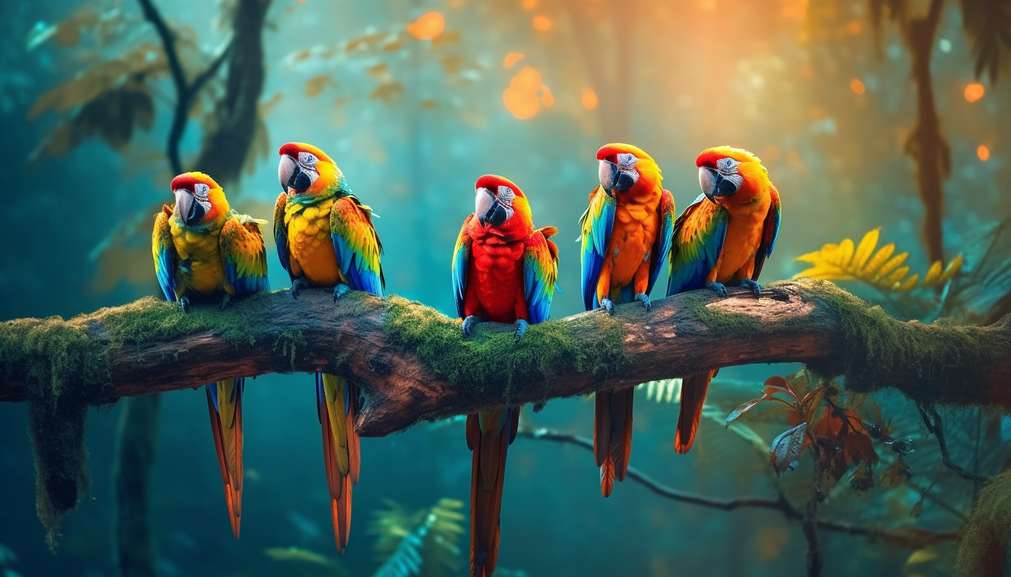 Brightly colored macaws perched on a jungle branch.