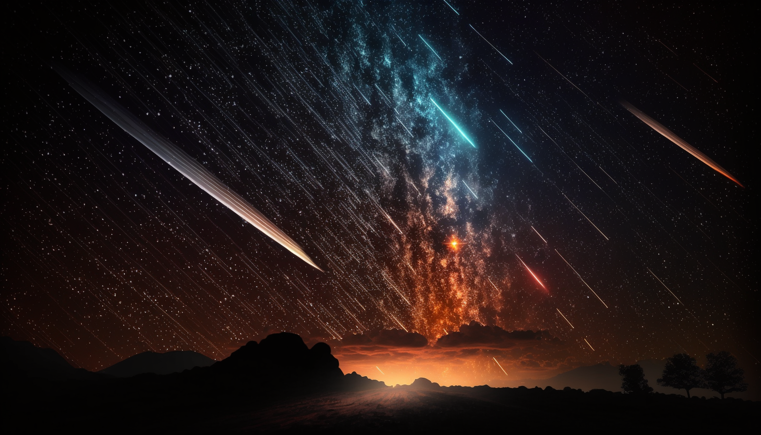 A photo of a meteor shower with streaks of light cutting through the darkness of space.