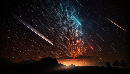 A photo of a meteor shower with streaks of light cutting through the darkness of space.