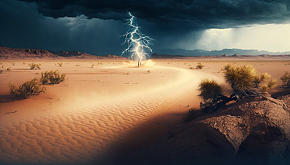 A lightning bolt striking a desert landscape at high speed.