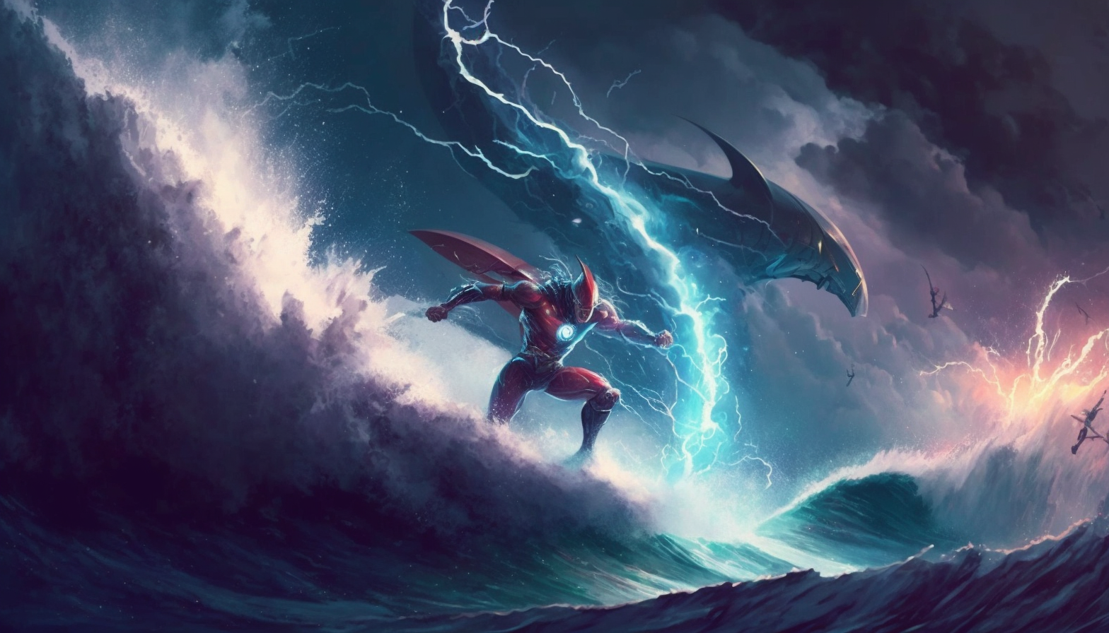 A surfer riding a massive wave with lightning bolts in the background.