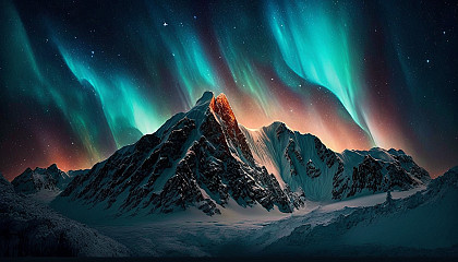 A glowing aurora borealis over a snow-covered mountain range.