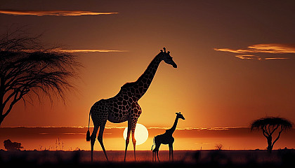 A mother giraffe and her calf with a beautiful sunset in the background