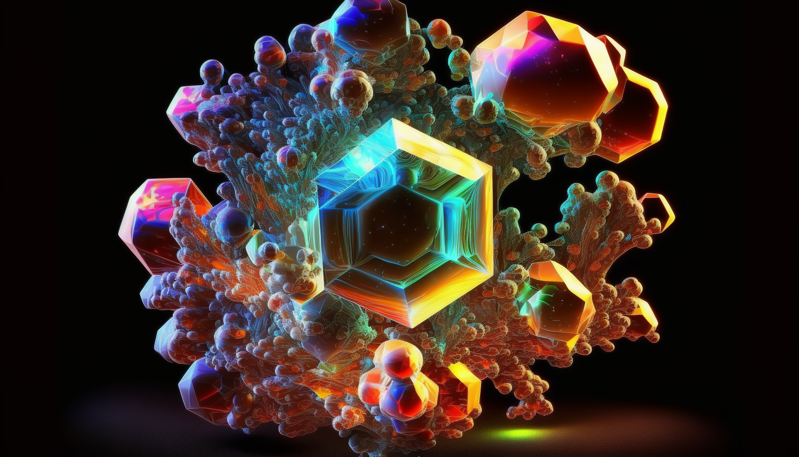 A carbon crystal structure glowing with brilliant colors against a dark background.