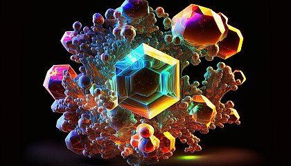 A carbon crystal structure glowing with brilliant colors against a dark background.