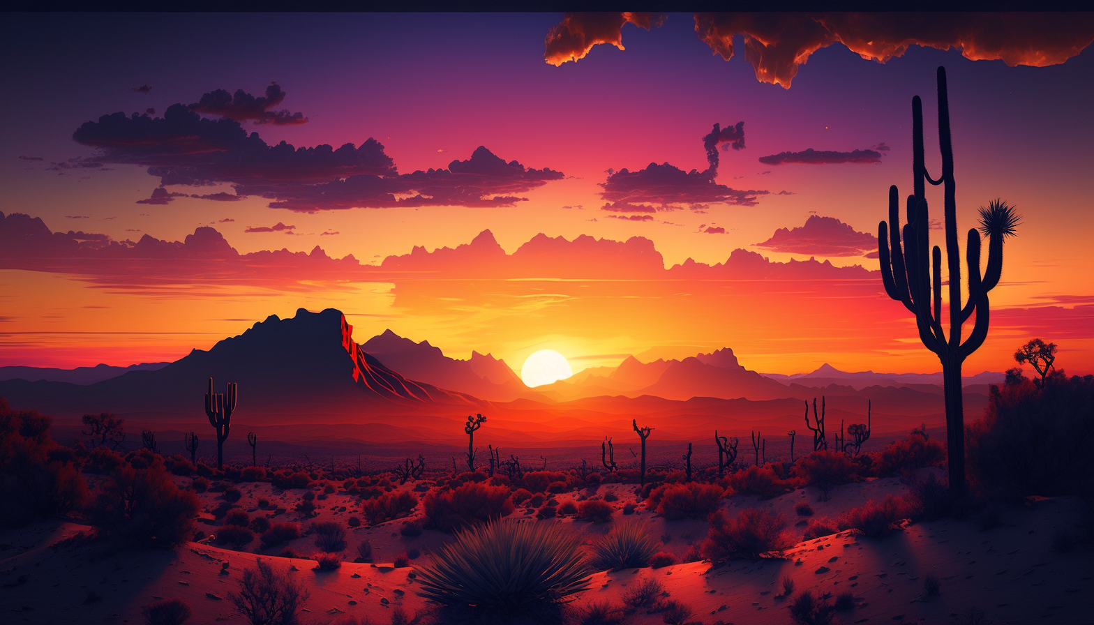 A vibrant sunset over a desert landscape.