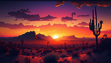 A vibrant sunset over a desert landscape.