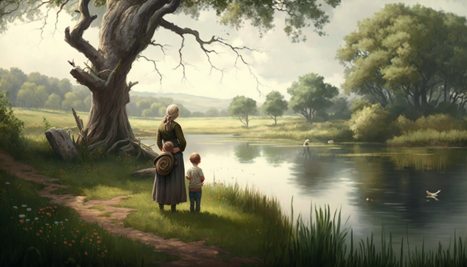 A peaceful landscape painting, with a mother and child depicted in a tranquil natural setting.