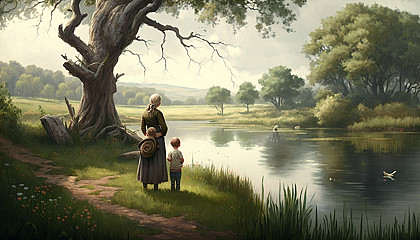 A peaceful landscape painting, with a mother and child depicted in a tranquil natural setting.