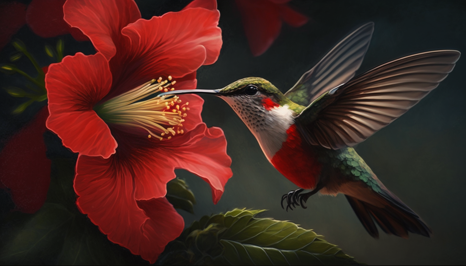 A close-up shot of a hummingbird hovering near a bright red hibiscus flower.