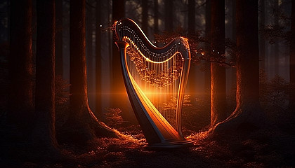 A magical harp with strings made of sunbeams, casting a warm glow on its surroundings.