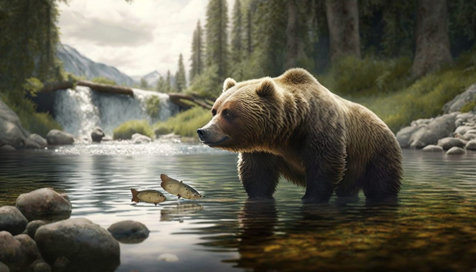 A grizzly bear fishing in a river