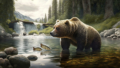 A grizzly bear fishing in a river