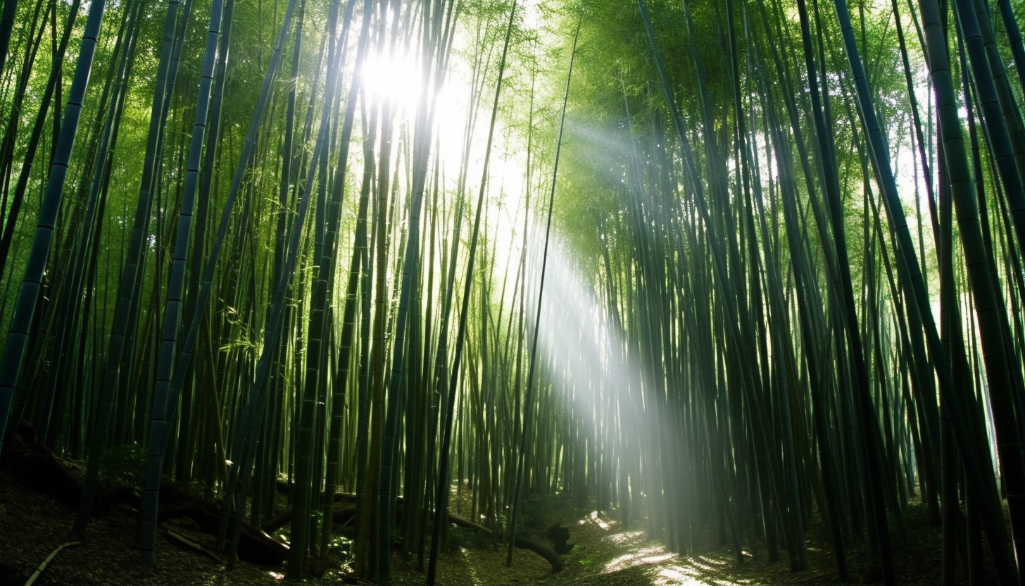 Dense bamboo forests with light filtering through the stalks.