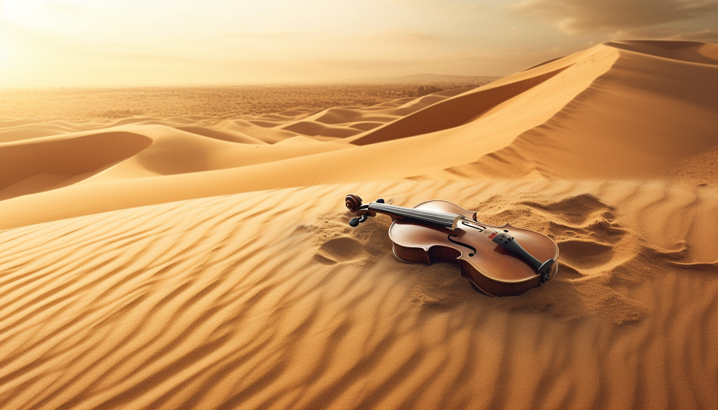 A violin half-buried in a sand dune, strings humming in the wind.