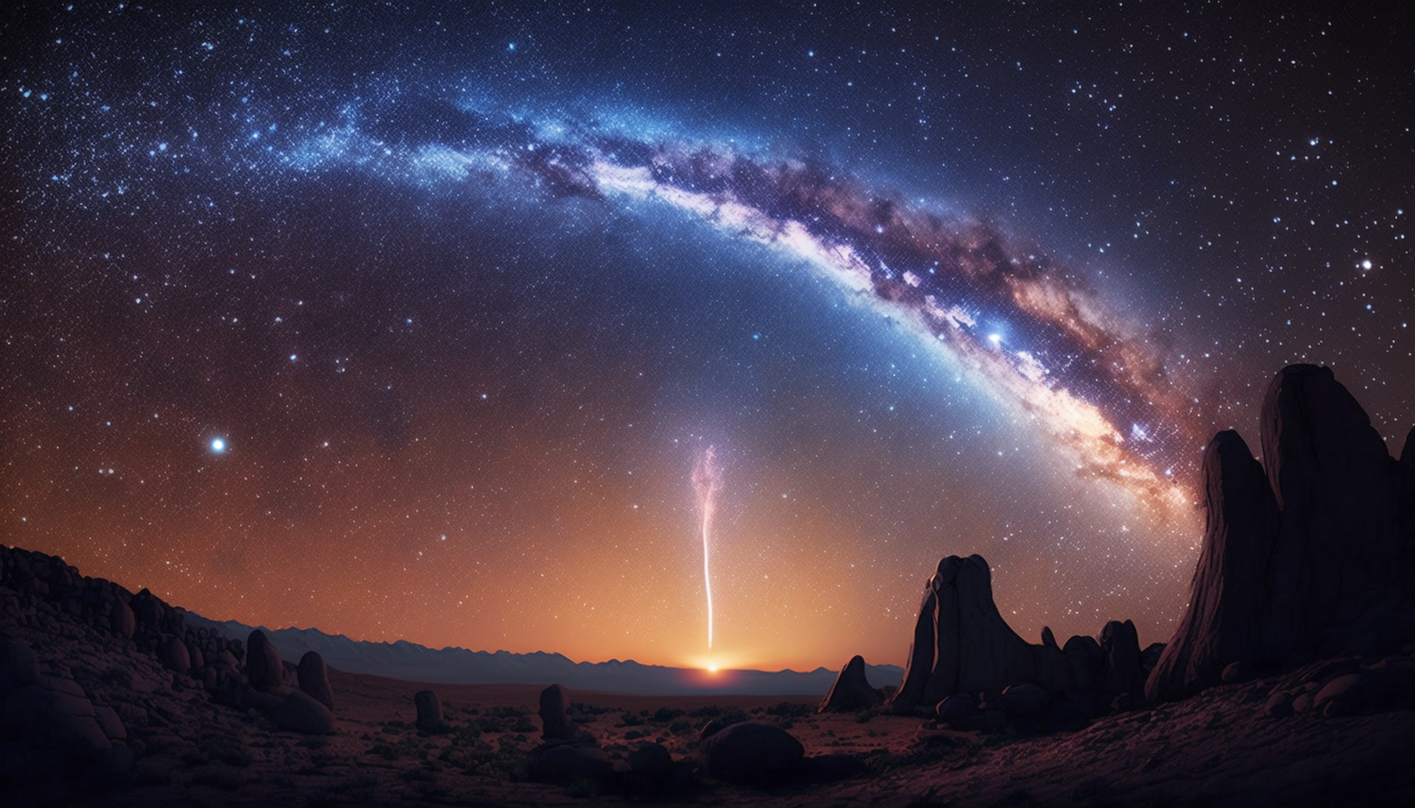 A stunning view of the Milky Way galaxy, with a shooting star in the foreground.