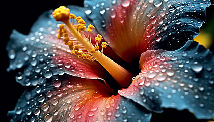 A close-up of dew-kissed petals of a blooming flower.