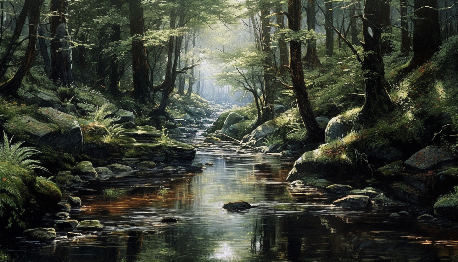 A murmuring brook meandering through a peaceful forest, reflecting its surroundings.