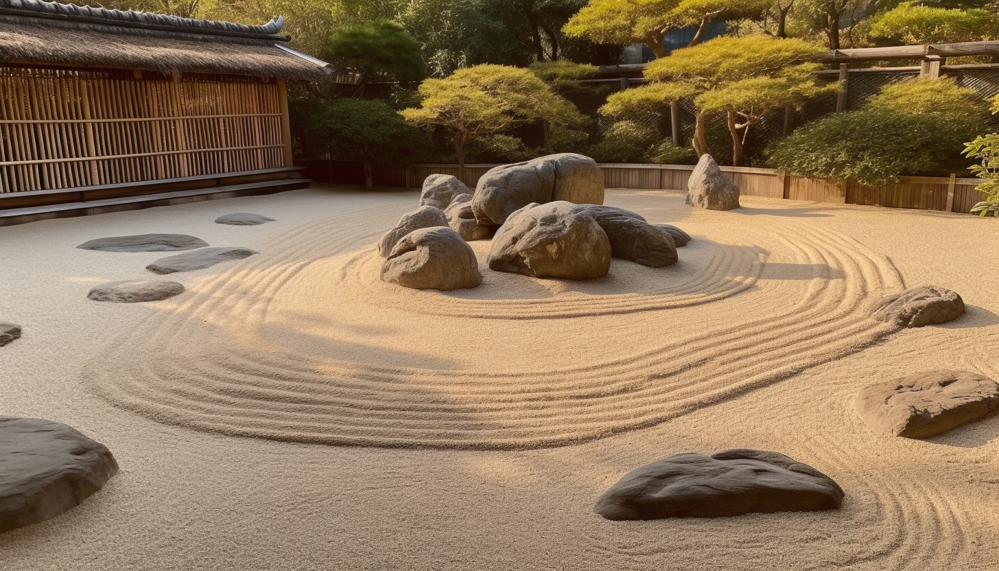 A peaceful zen garden with carefully arranged rocks and sand patterns.