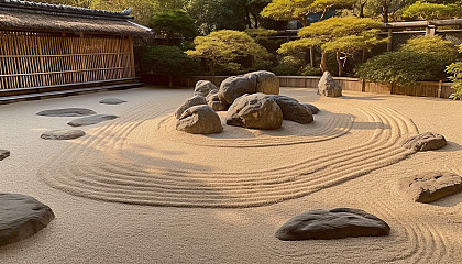 A peaceful zen garden with carefully arranged rocks and sand patterns.