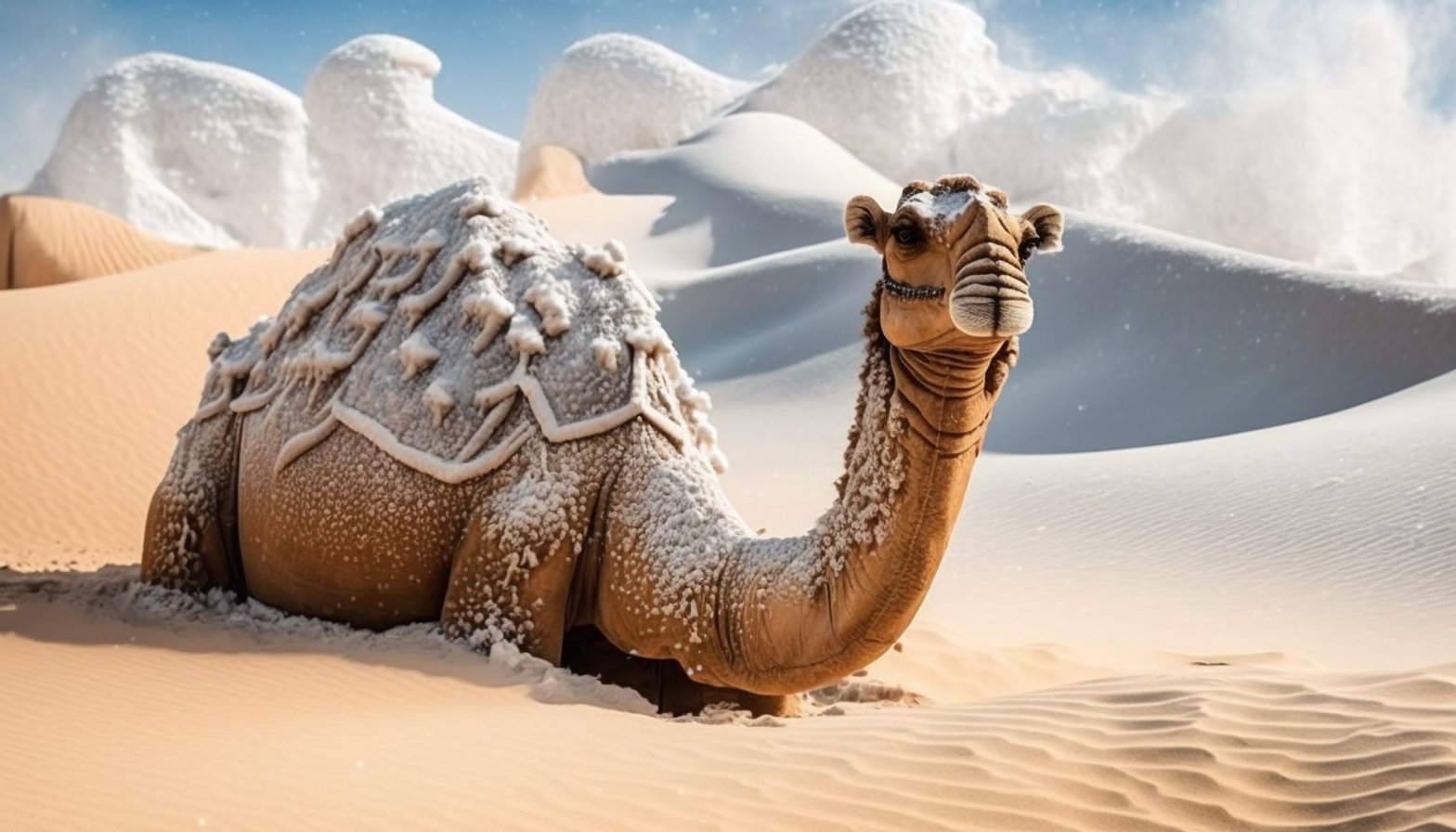 A desert animal (such as a camel or snake) surrounded by snow