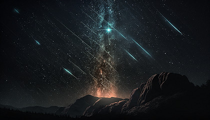 A photo of a meteor shower with streaks of light cutting through the darkness of space.