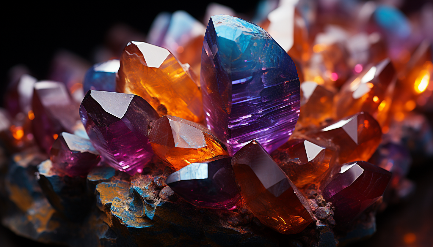 Macro view of colorful minerals or crystals, showing their complex structures and rich tones.