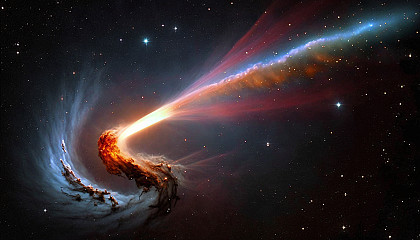 A comet streaking through space with a fiery tail.