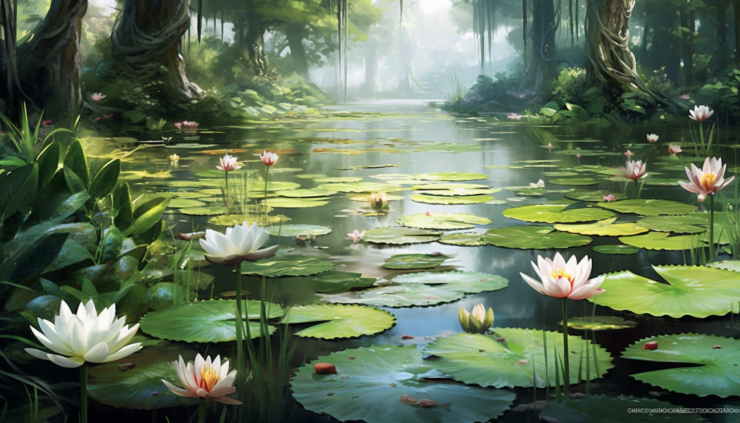 A tranquil pond filled with blooming water lilies.