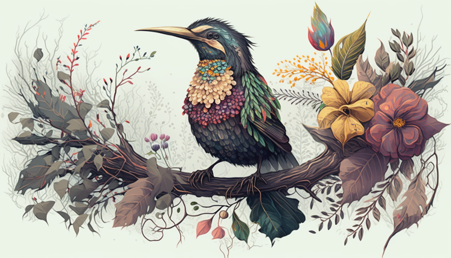 An illustration of a bird with its wings spread out, standing on a tree branch surrounded by a variety of colorful flowers.