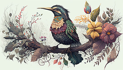 An illustration of a bird with its wings spread out, standing on a tree branch surrounded by a variety of colorful flowers.