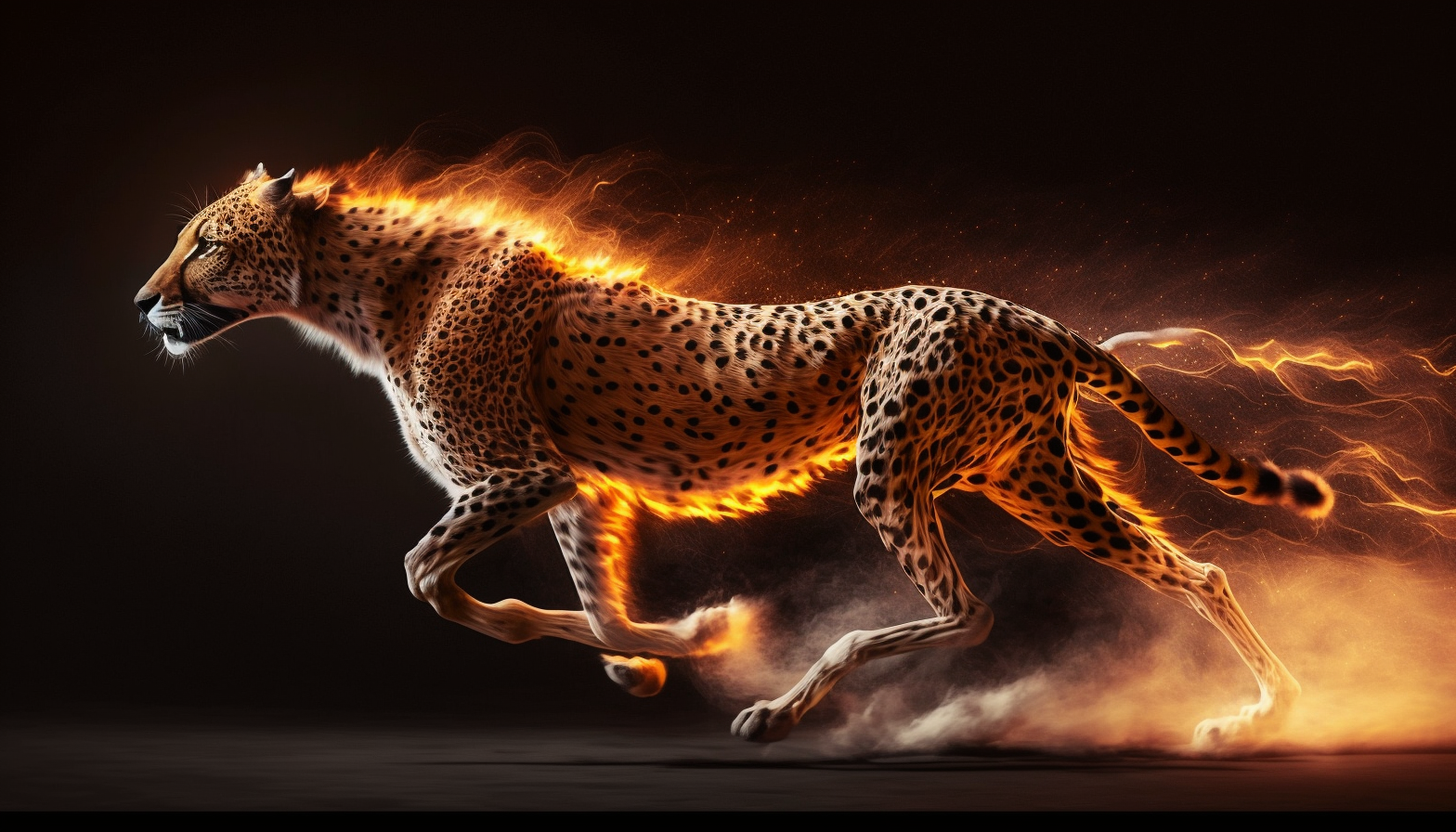 A cheetah running at full speed with glowing eyes and a fiery aura surrounding it.